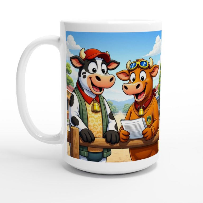 Two Cartoon Cows Chatting Over a Fence Mug